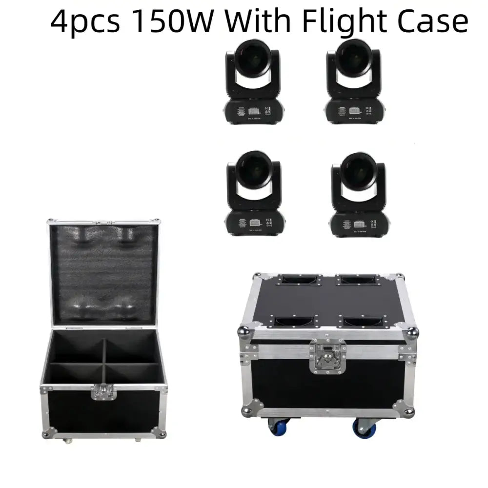 Set of four black 150w mini led moving head spotlights with a matching flight case for disco stage lighting