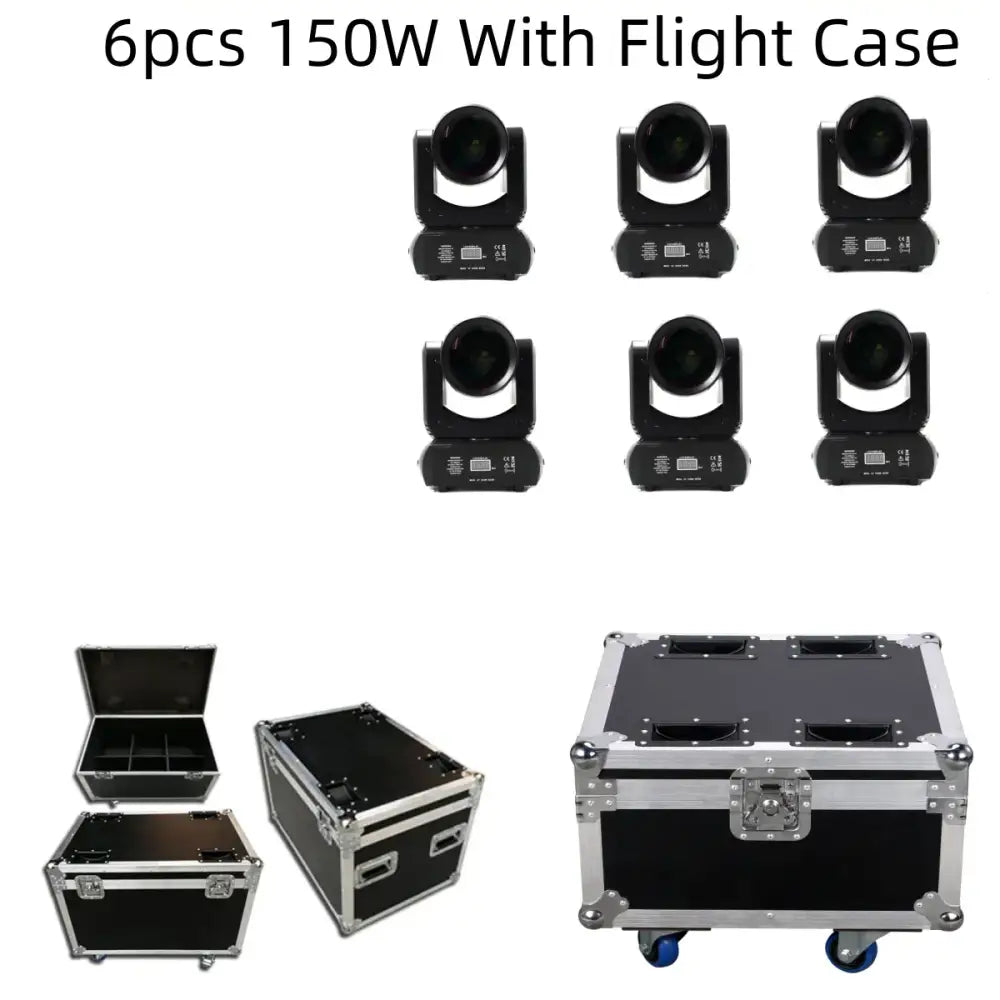 Six black 150w mini led moving head spotlights with flight case for professional disco stage lighting