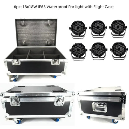 Six black professional 18x18w rgbwa uv 6in1 led par stage lights in an ip65 waterproof flight case
