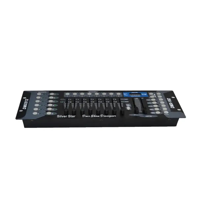 Professional black 192 channel dmx controller with silver knobs and blue lcd screen labeled silver star and dms show designer