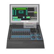 Professional black and blue touchscreen dmx console lighting control with a green and teal interface display