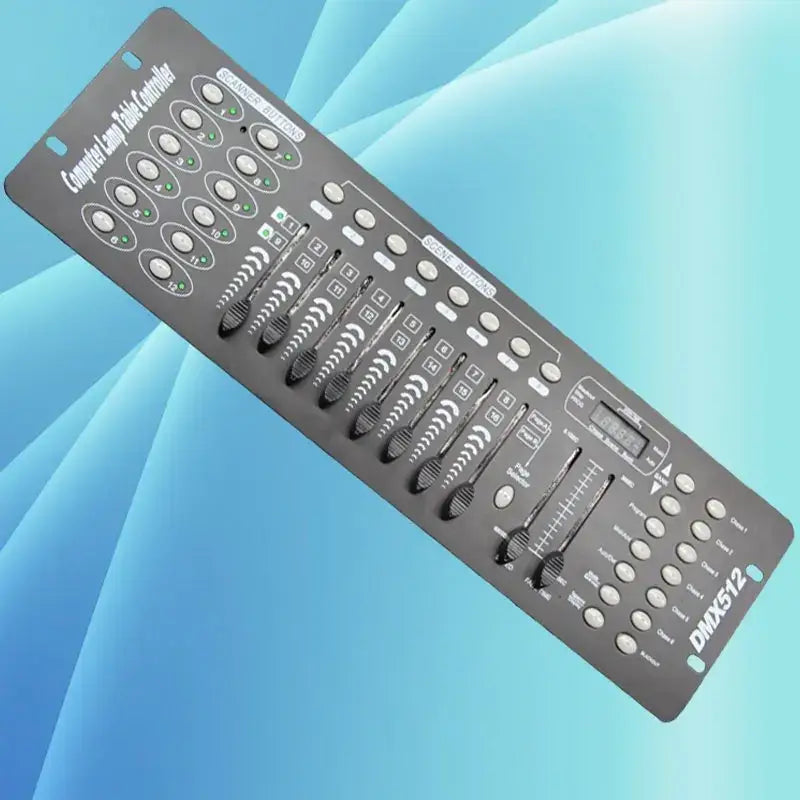 Professional black dmx controller with multiple knobs and sliders for stage lighting and moving head spotlights control