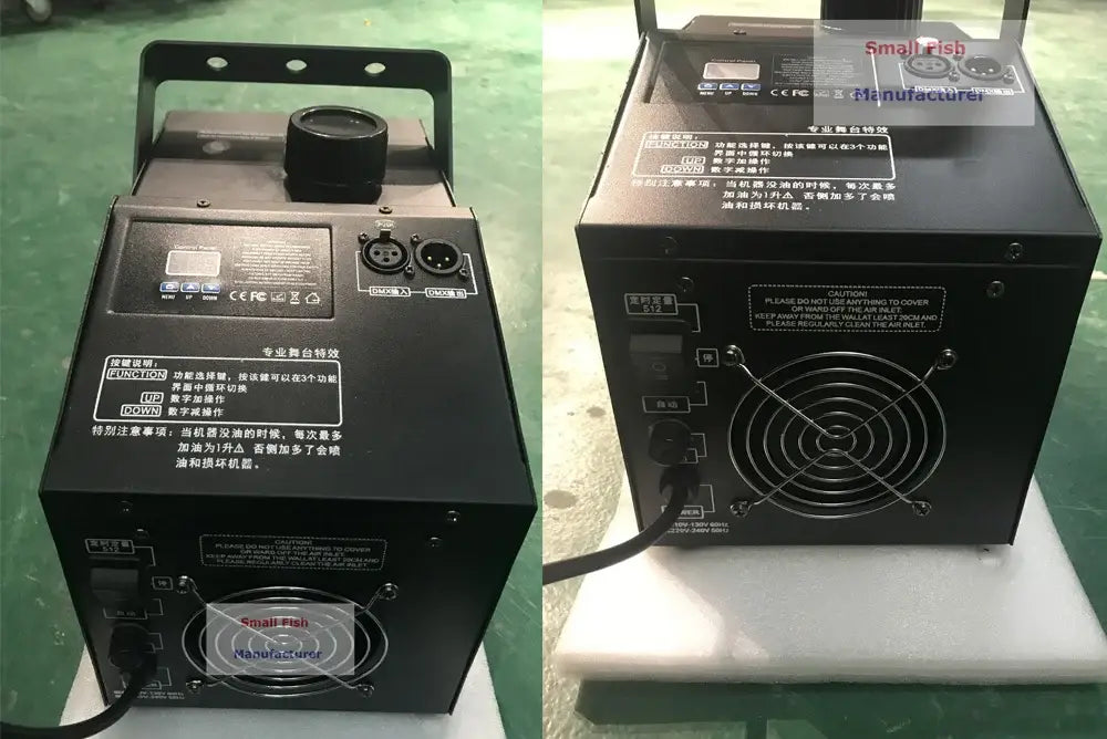 Professional black mist haze machine with handle, control panel, and ventilation fan for ktv stage fogging