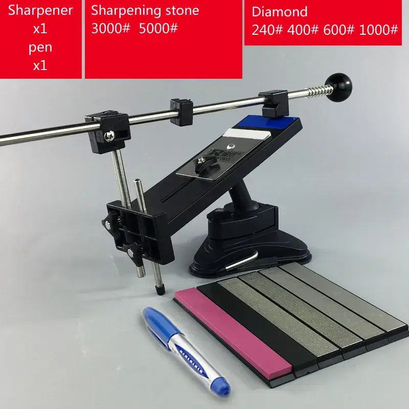 Professional black and silver decorbites knife sharpener with blue base and stone bars grinders in pink black gray and silver