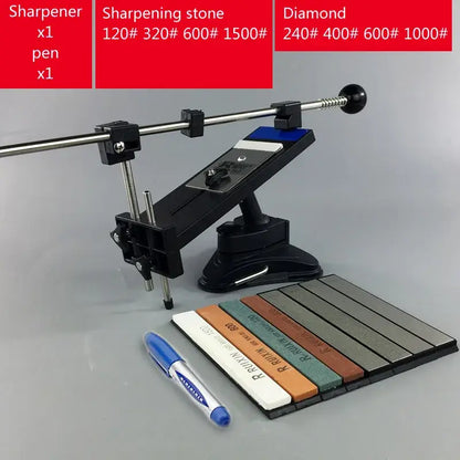 Professional black and silver decorbites knife sharpener with metal and plastic stone bars grinders and adjustable angle stand