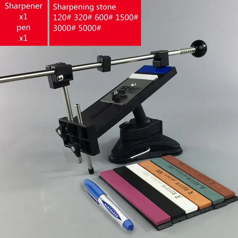 Professional black and silver decorbites knife sharpener with adjustable metal stand and colorful stone bars grinders set