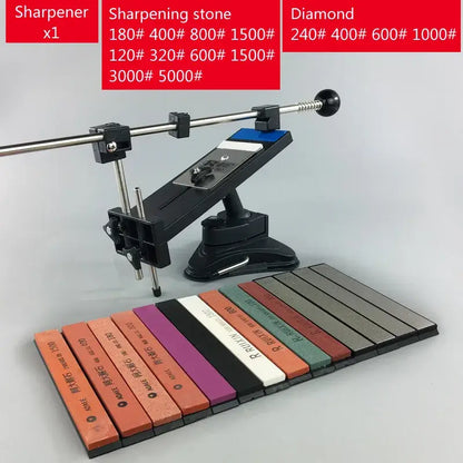 Professional black and silver decorbites knife sharpener with adjustable arm clamp and colorful stone bars grinders set