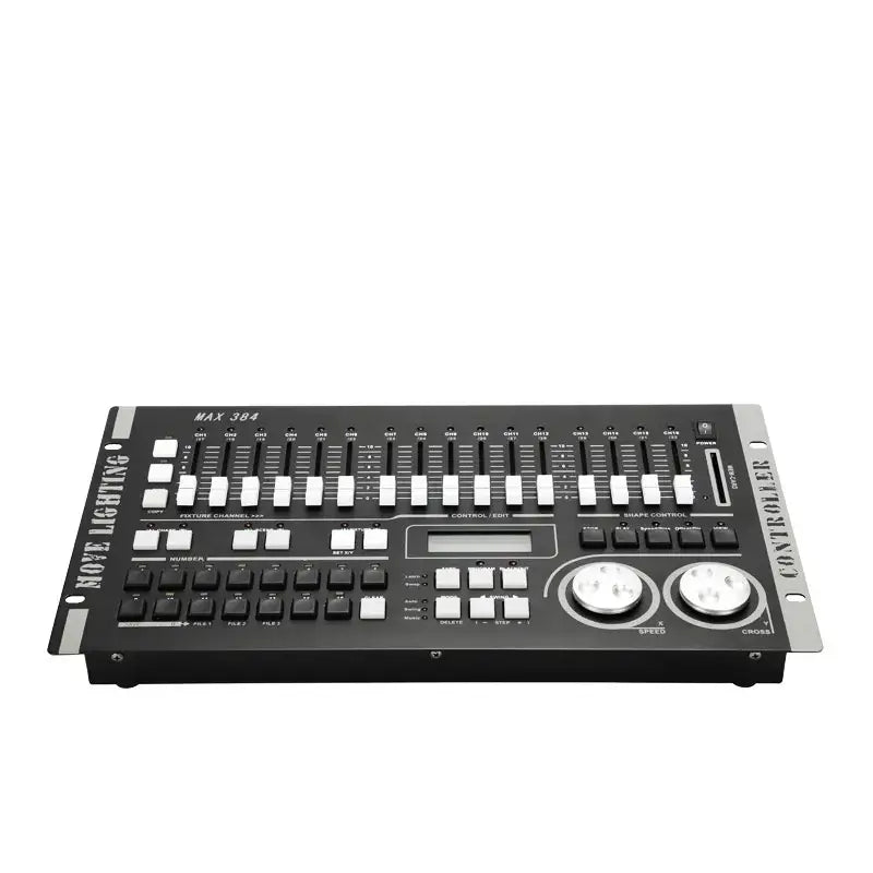 Professional black and silver dmx max lighting controller with multiple sliders and knobs for advanced lighting control