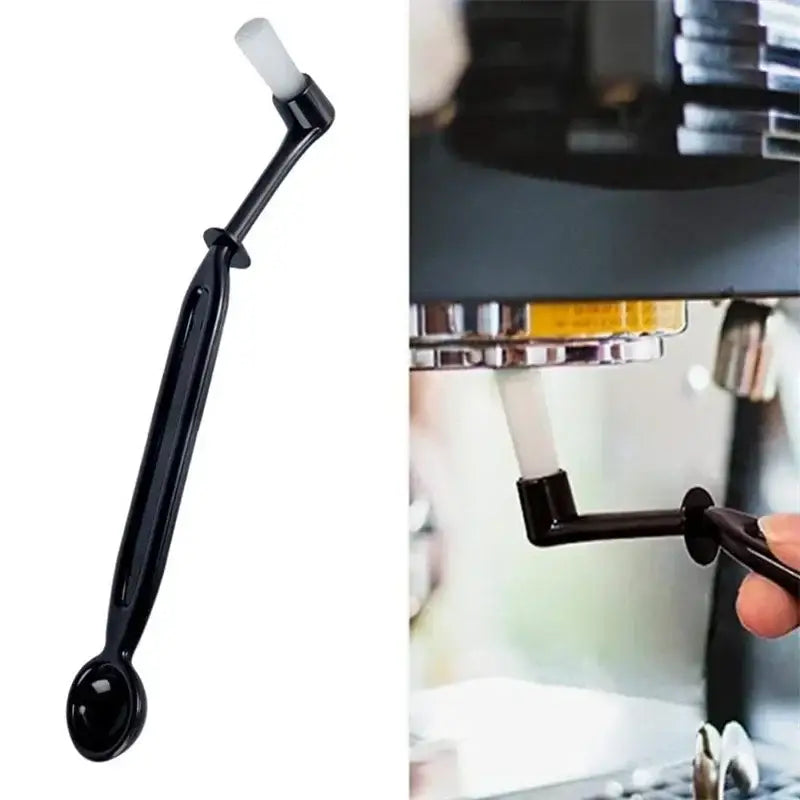 Black plastic coffee machine cleaning brush with white bristle tip and rounded handle in professional cleaning brush set