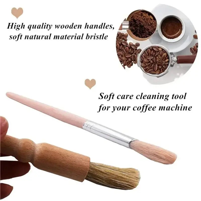 Professional coffee machine cleaning brush set with soft bristles, light brown wooden handle, and silver metal ferrule
