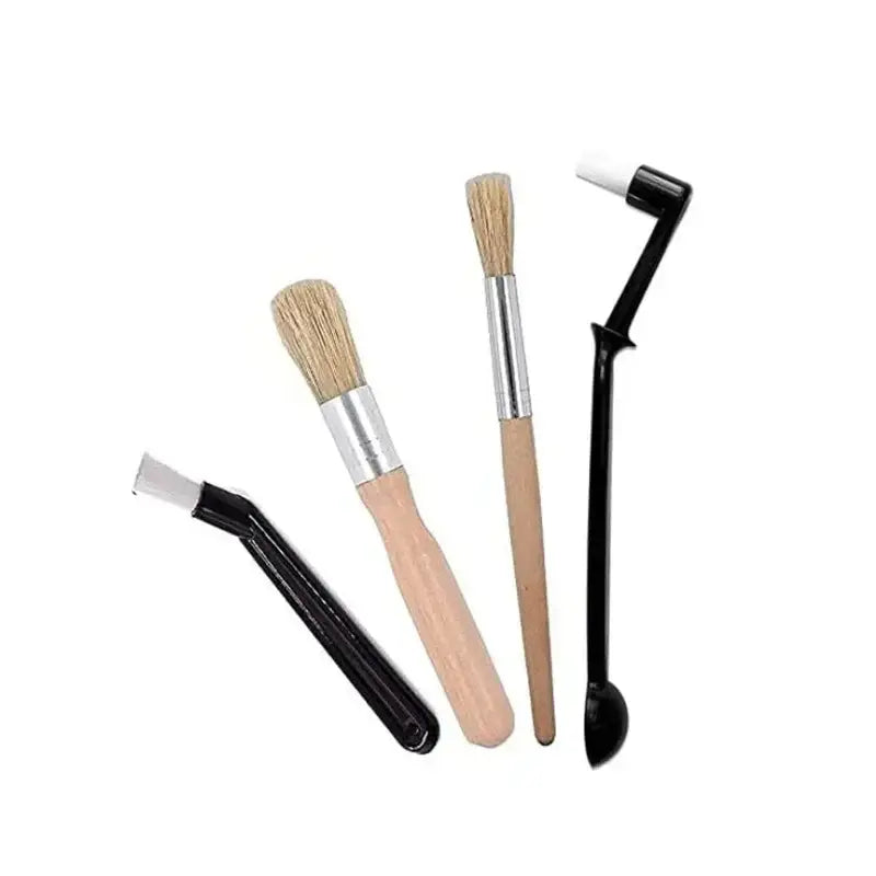 Set of four coffee machine cleaning brushes with wooden and black plastic handles and natural bristles for espresso maintenance