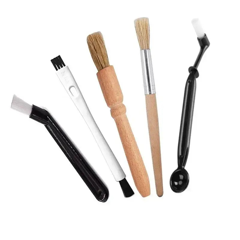 Set of five coffee machine cleaning brushes with wooden and plastic handles and soft tan or black bristles for detail cleaning