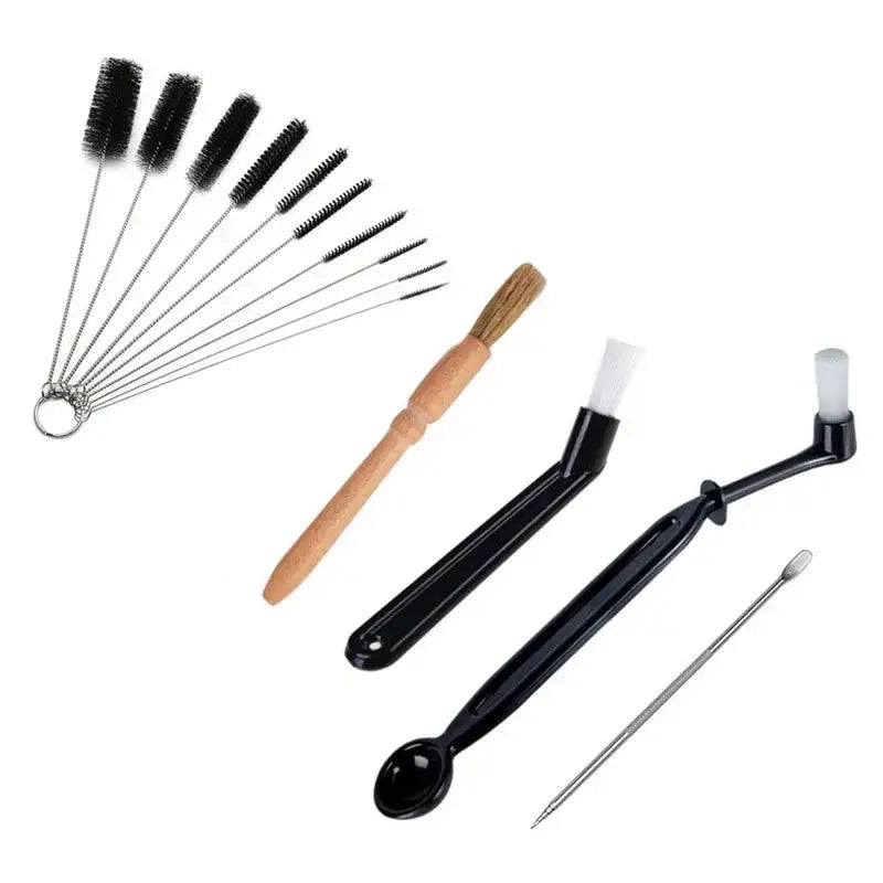 Professional coffee machine cleaning brush set with black and wooden handles and varied bristle types for precision detailing