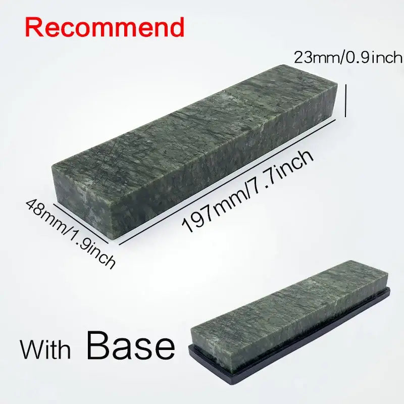 Professional green stone knife sharpener set with dark green textured whetstone mounted on black base for kitchen use
