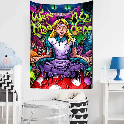 Vibrant psychedelic anime girl tapestry wall hanging decorbites featuring alice in wonderland with glowing eyes and surreal creatures