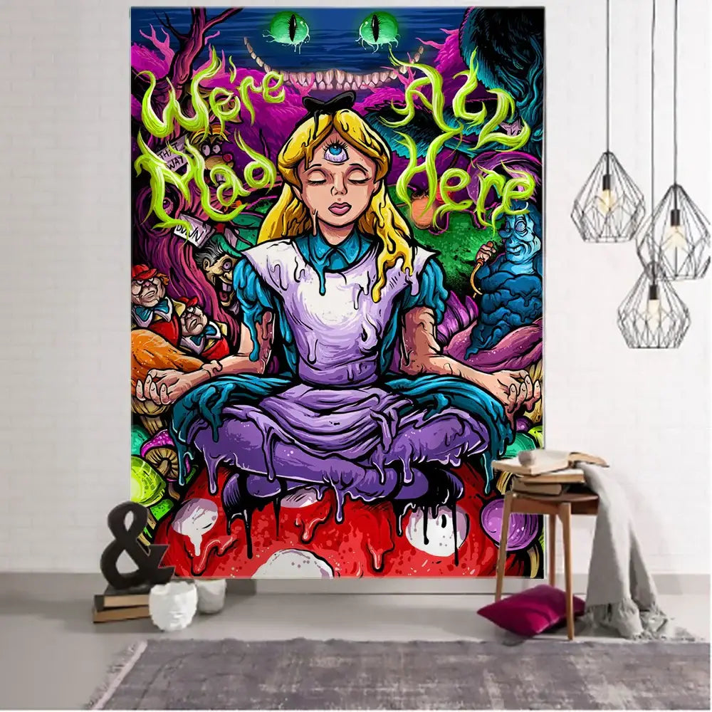Vibrant psychedelic anime girl tapestry featuring alice meditating on a mushroom with glowing green eyes for decorbites wall decor