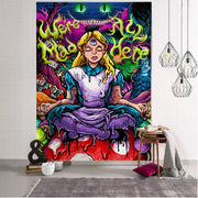 Vibrant psychedelic anime girl tapestry featuring alice meditating on a mushroom with glowing green eyes for decorbites wall decor