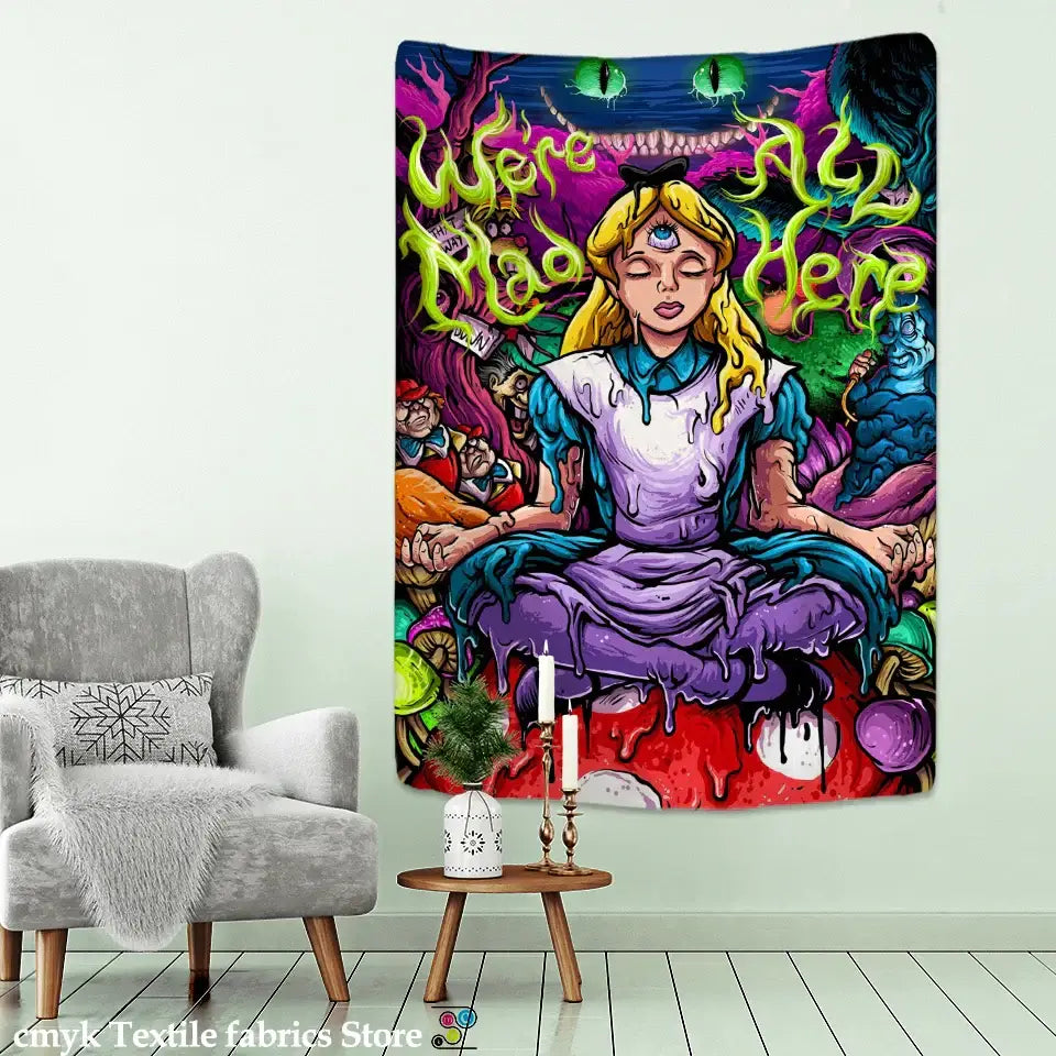 Vibrant psychedelic anime girl tapestry featuring alice in wonderland meditating with cheshire cat on soft fabric wall decor
