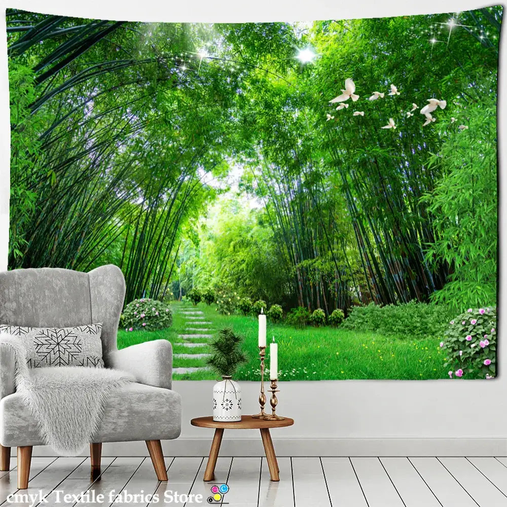 Psychedelic bamboo forest pigeon path tapestry decorbites bamboo forest with lush green fabric and white doves in flight