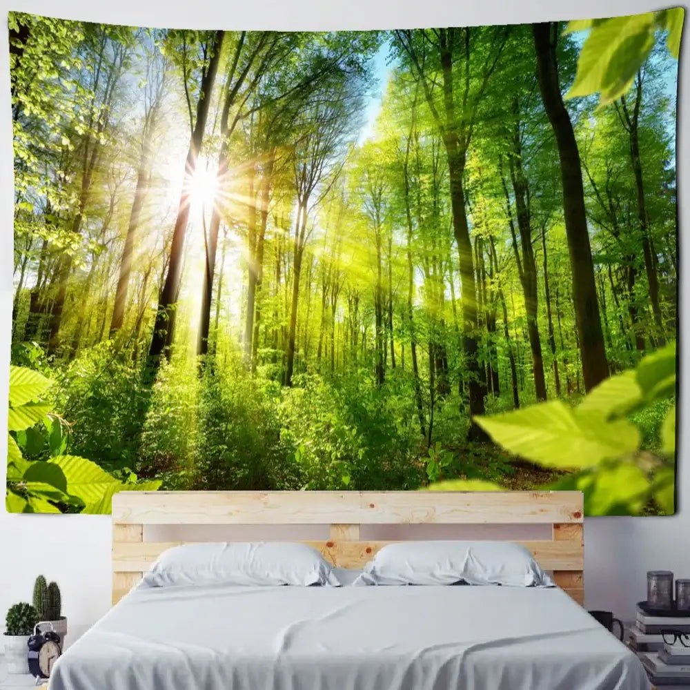 Vibrant green decorbites bamboo forest tapestry with sun rays filtering through trees hanging above wooden bed frame