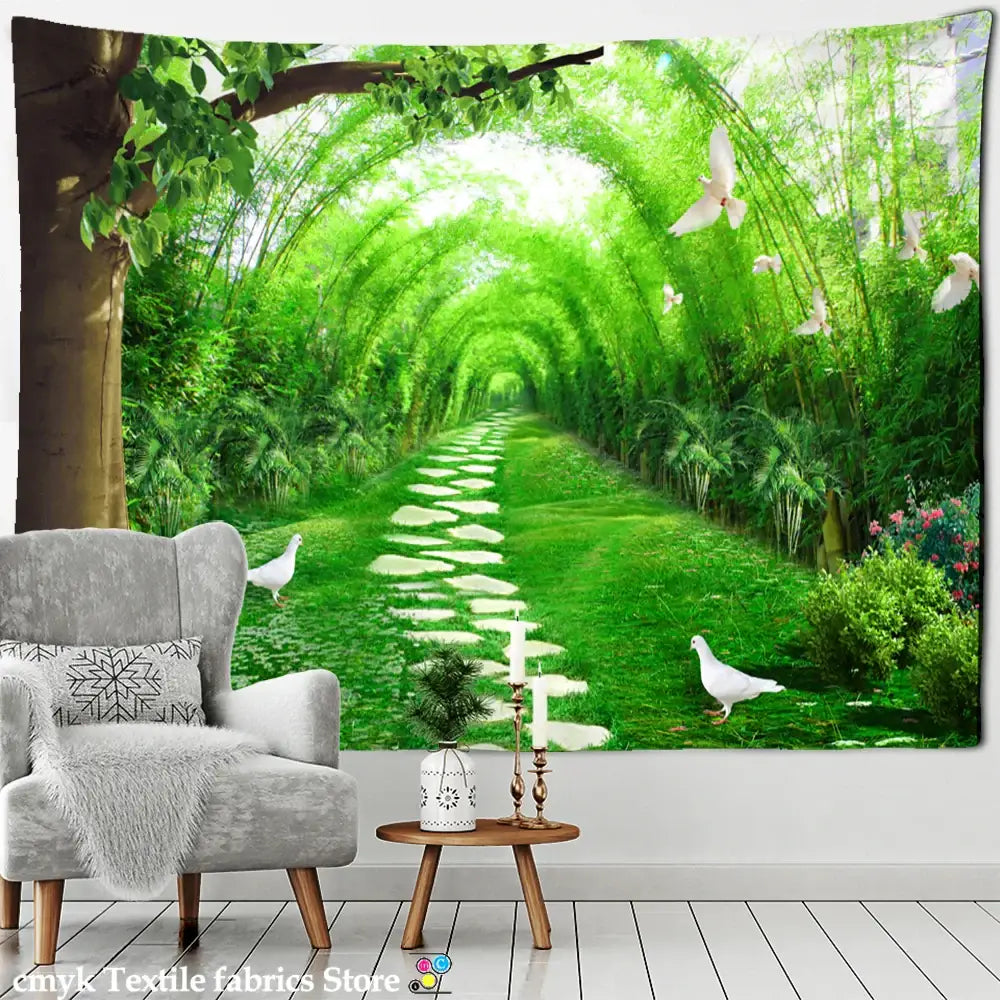 Psychedelic bamboo forest pigeon path tapestry wall decor featuring lush green bamboo tunnel and white doves in flight