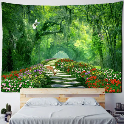 Psychedelic bamboo forest pigeon path tapestry decorbites vibrant green stone path colorful flowers bedroom wall decor