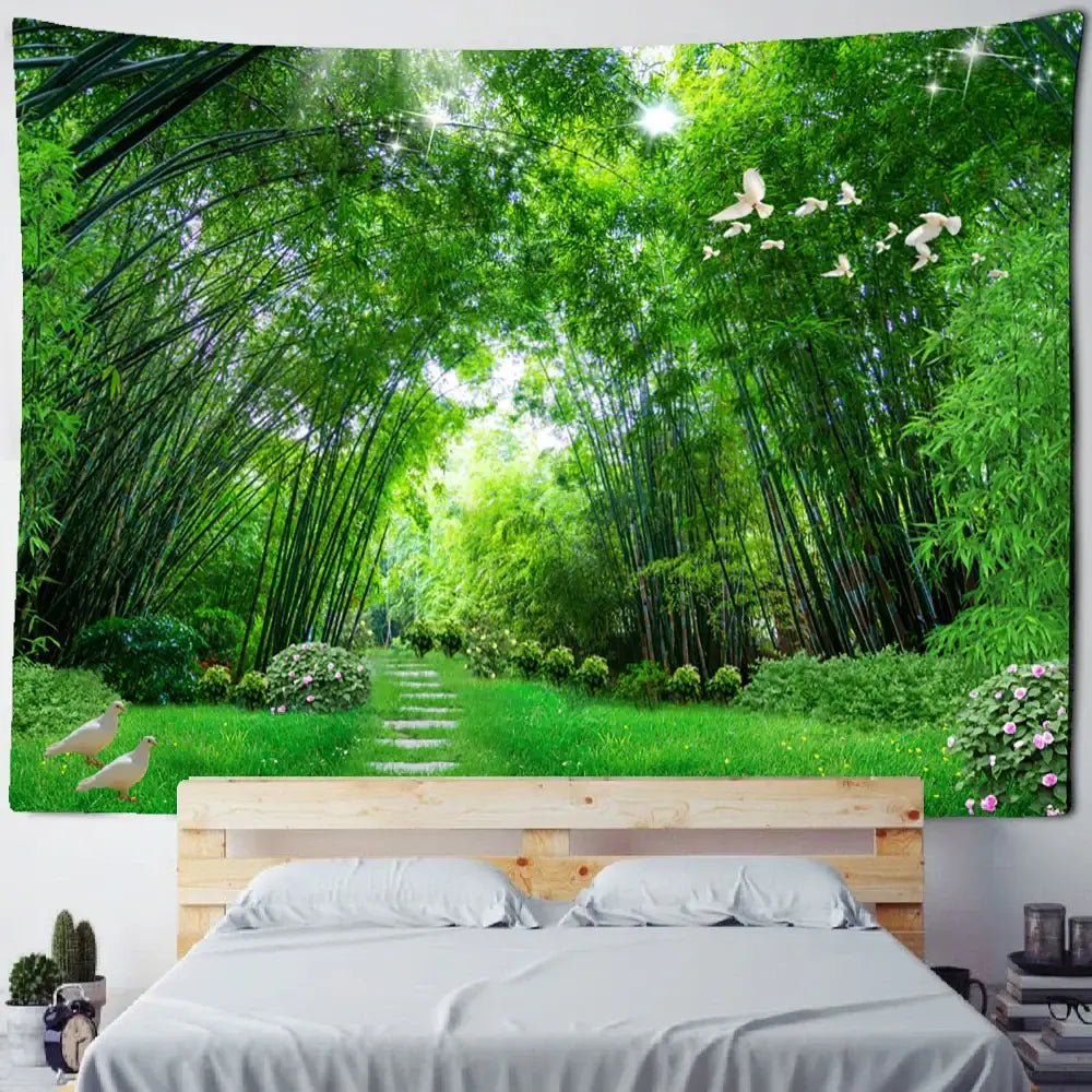 Vibrant green decorbites bamboo forest tapestry with white doves in flight featuring detailed fabric print for wall decor