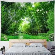 Vibrant green decorbites bamboo forest tapestry with white doves in flight featuring detailed fabric print for wall decor
