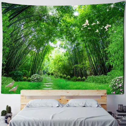 Vibrant green decorbites bamboo forest tapestry with white doves in flight featuring detailed fabric print for wall decor