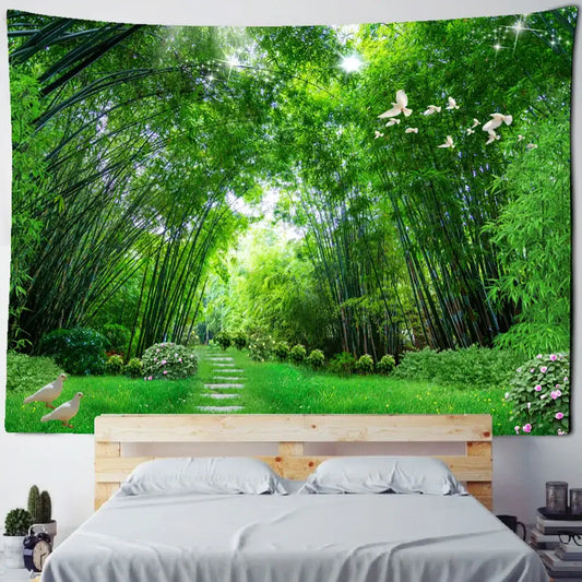 Vibrant green decorbites bamboo forest tapestry with white doves in flight featuring detailed fabric print for wall decor