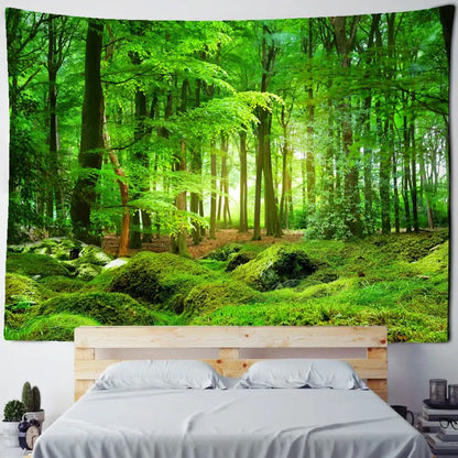 Vibrant green bamboo forest pigeon path tapestry with tall trees and mossy ground hanging above a bed decorbites bamboo forest