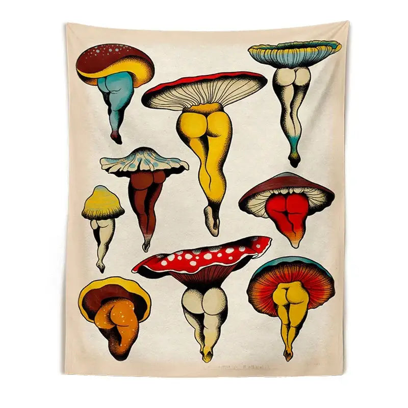 Beige mushroom girl tapestry with stylized tattoo-inspired mushrooms featuring human legs for bedroom wall decorbites cactus mushroom decor