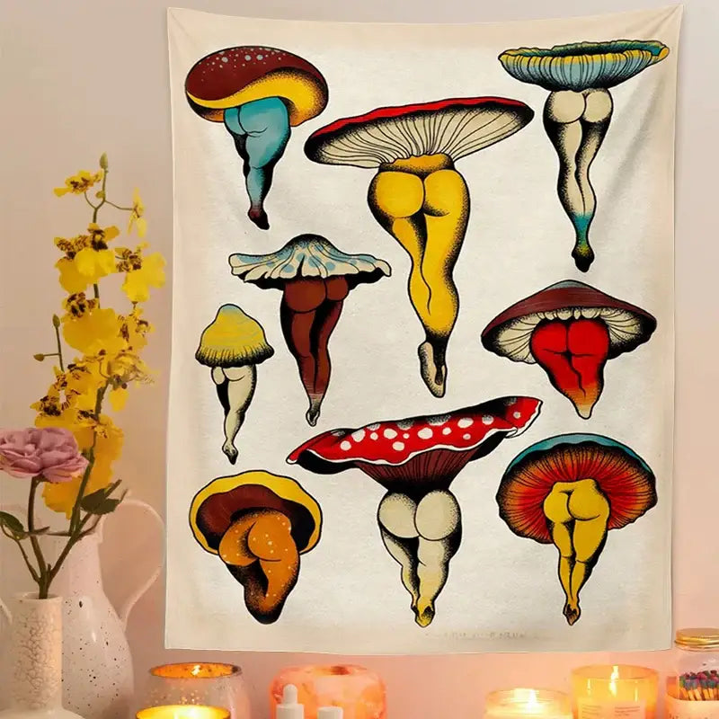 Colorful psychedelic beige mushroom girl tapestry featuring stylized mushrooms with human buttocks stems for bedroom decorbites cactus mushroom wall decor