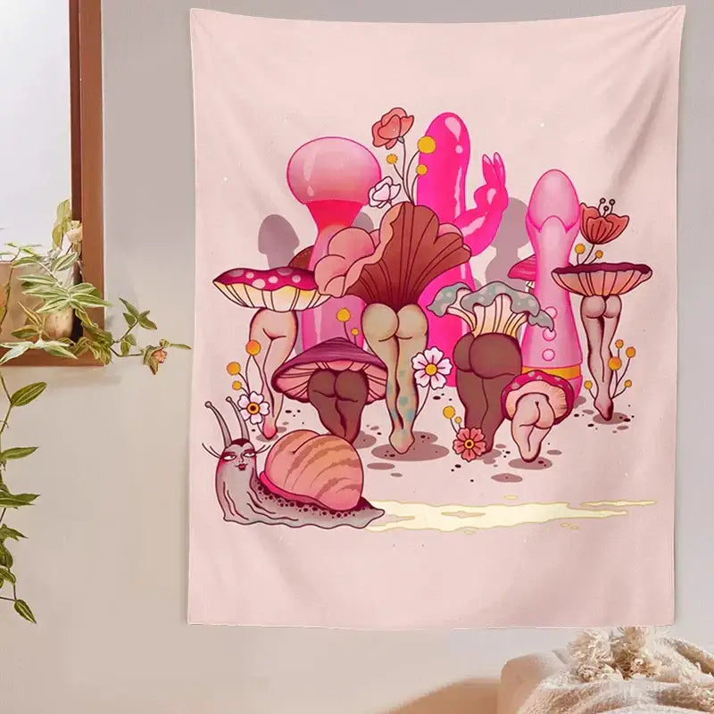 Pink psychedelic beige mushroom girl tapestry with whimsical fungi decorbites cactus mushroom design for bedroom wall decor