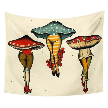 A vintage beige psychedelic mushroom girl tapestry featuring colorful cactus mushroom decorbites for bedroom wall decor