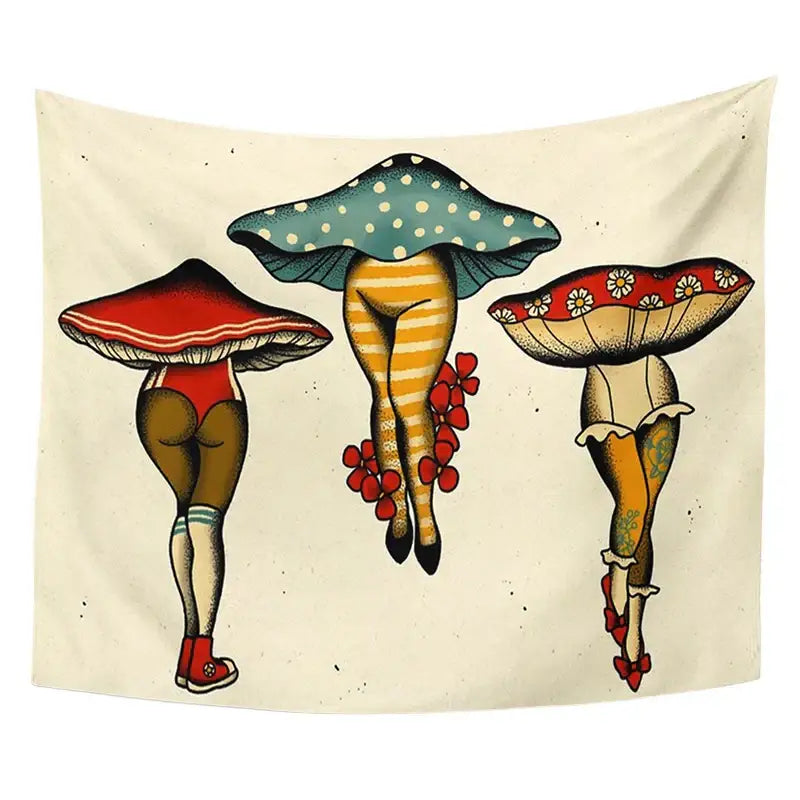 A vintage beige psychedelic mushroom girl tapestry featuring colorful cactus mushroom decorbites for bedroom wall decor