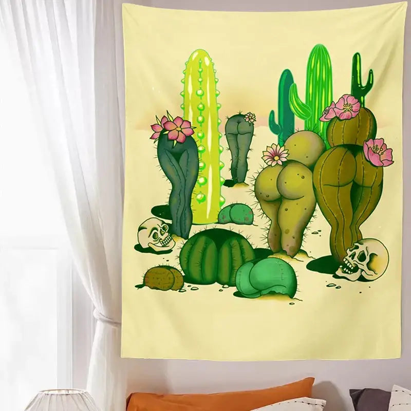 Psychedelic beige mushroom girl tapestry featuring whimsical green and yellow cactus mushroom girl decorbites design