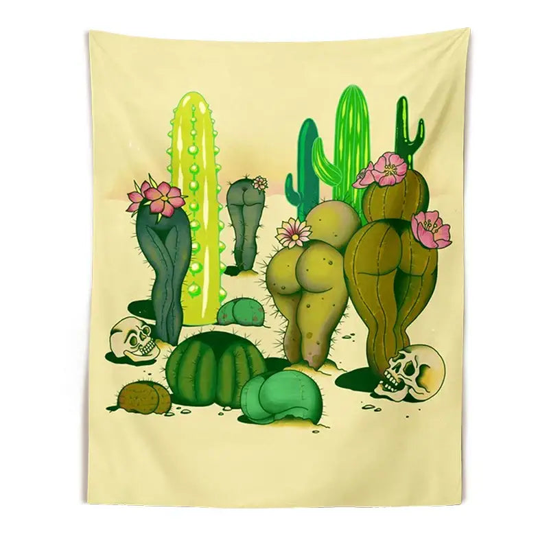 Psychedelic beige mushroom girl tapestry featuring whimsical cartoon cactus mushroom girl decorbites cactus mushroom design