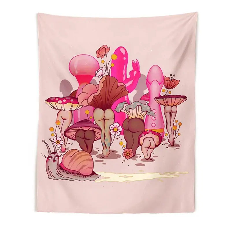 Whimsical pink tapestry featuring anthropomorphic mushrooms with human-like buttocks and vibrant flowers for bedroom wall decor mushroom girl tapestry