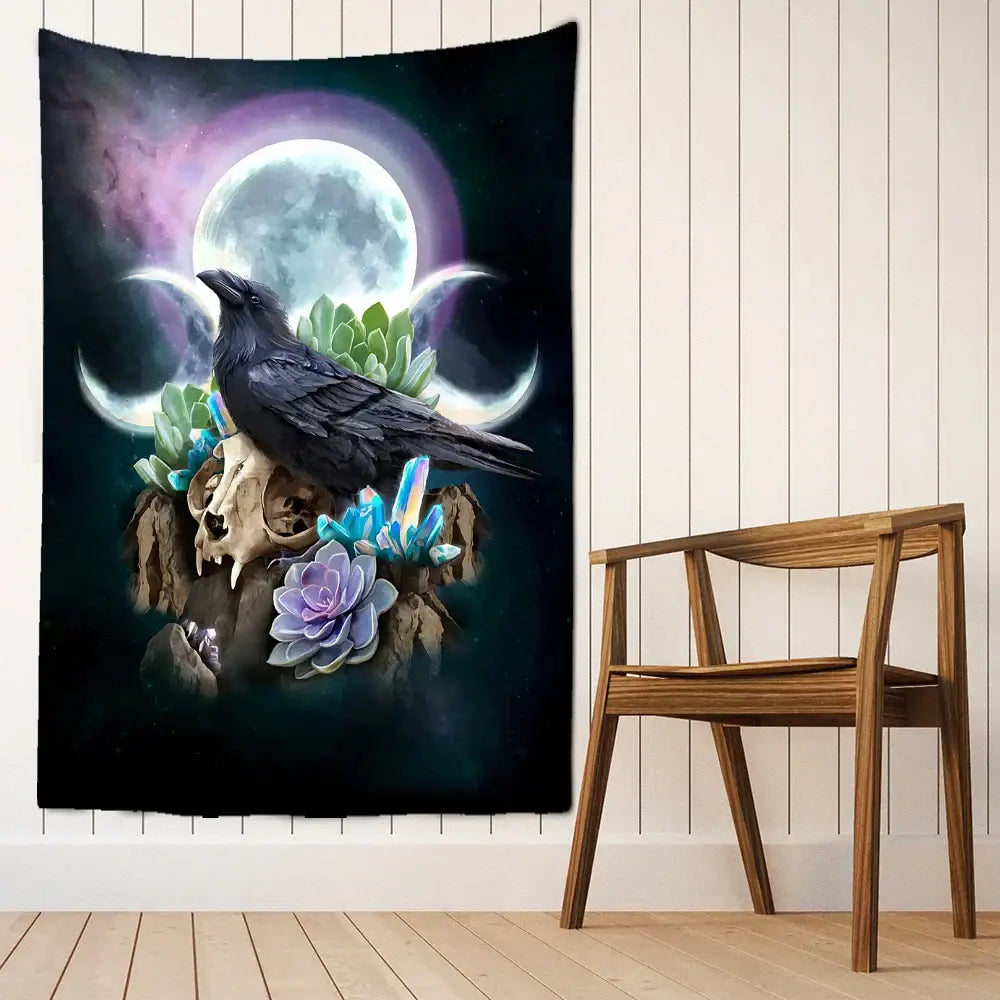 Psychedelic black and gold condor moon universe tapestry featuring a crow on a skull with succulents and crystals for decorbites condor moon bedroom decor