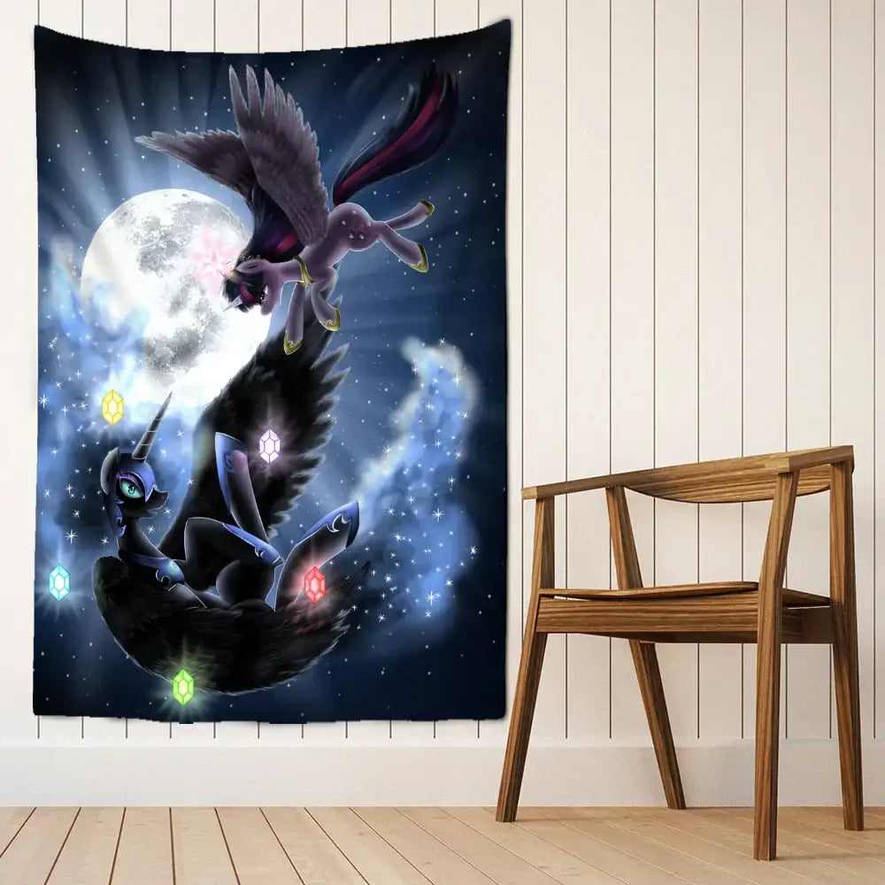 A dark blue starry condor moon universe tapestry featuring flying my little pony characters with glowing gems decorbites condor moon