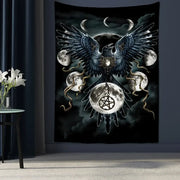 Black tapestry featuring a detailed gold condor with moons and ornate accents for decorbites condor moon bedroom decor