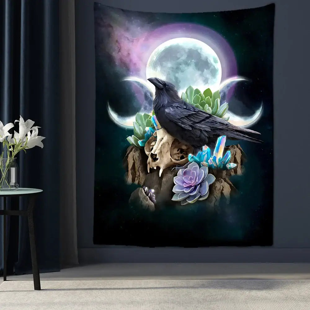 Psychedelic black and gold condor moon universe tapestry featuring a black crow on a skull with succulents for decorbites condor moon decor