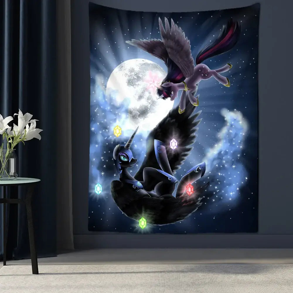 A dark blue moon universe tapestry with two winged ponies and glowing gemstones for decorbites condor moon decor