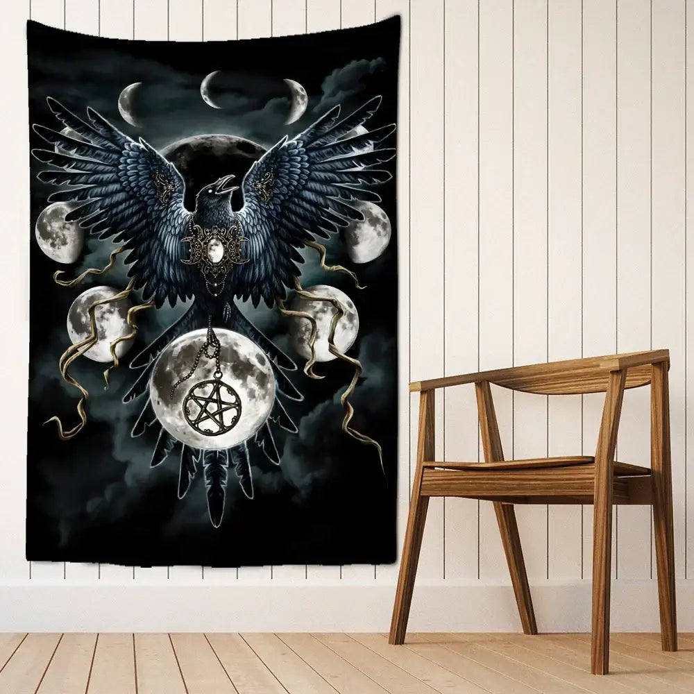 Black tapestry featuring a detailed black crow with moons and silver pentacles for decorbites condor moon decor