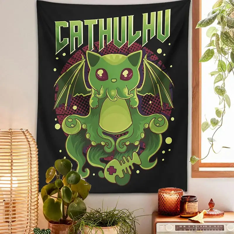 Psychedelic black and green cat cthulhu tapestry wall hanging with glowing eyes and bold lettering for decorbites cat decor