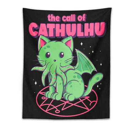 Black tapestry wall hanging featuring a green cartoon cat with bat wings and tentacles on a pink pentagram decorbites cat decor