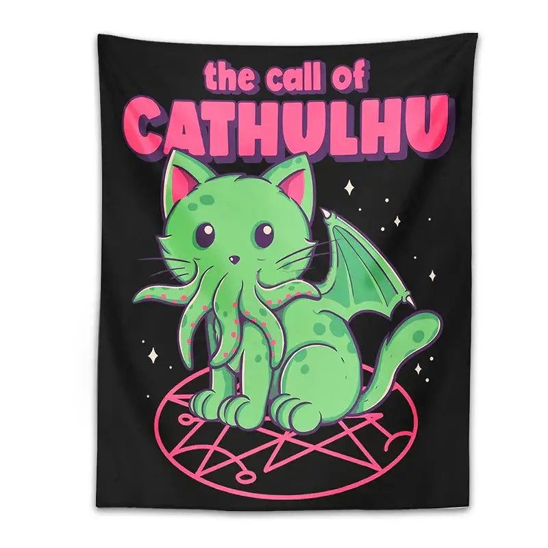 Black tapestry wall hanging featuring a green cartoon cat with bat wings and tentacles on a pink pentagram decorbites cat decor