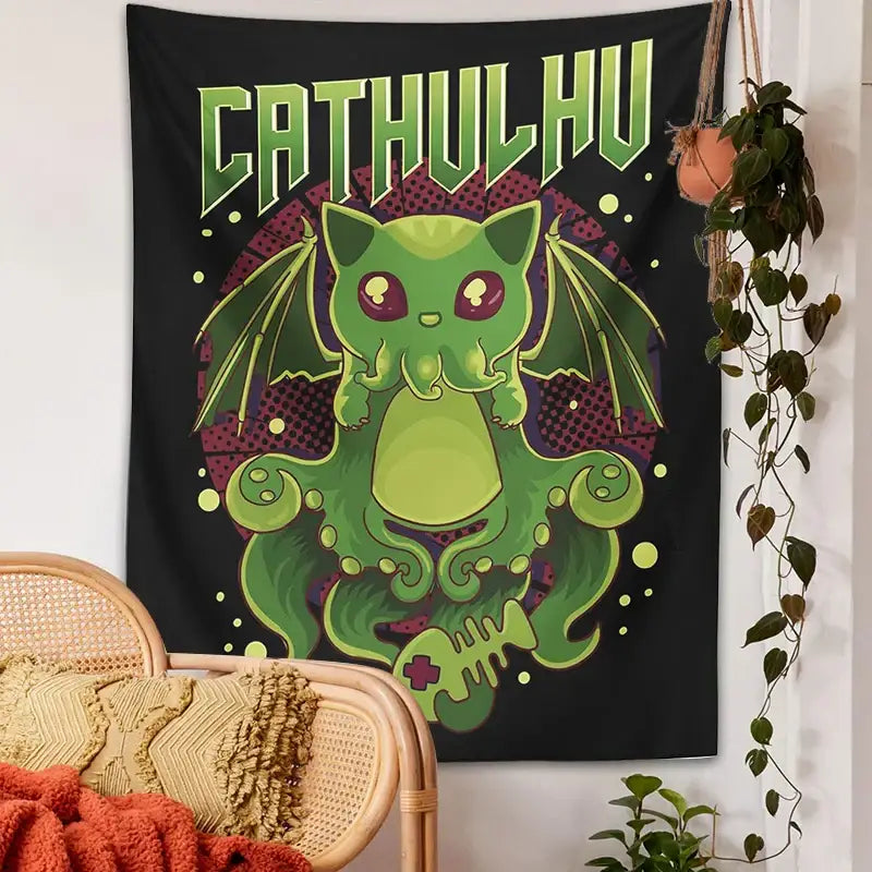 Black tapestry wall hanging featuring green cat cthulhu decorbites design for psychedelic bedroom decorbites cat tapestry wall