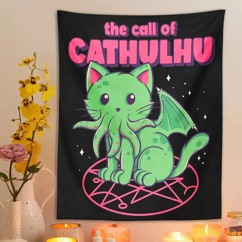 Psychedelic black and green cat cthulhu tapestry wall hanging featuring a pink accented winged figure on a pentagram decorbites cat